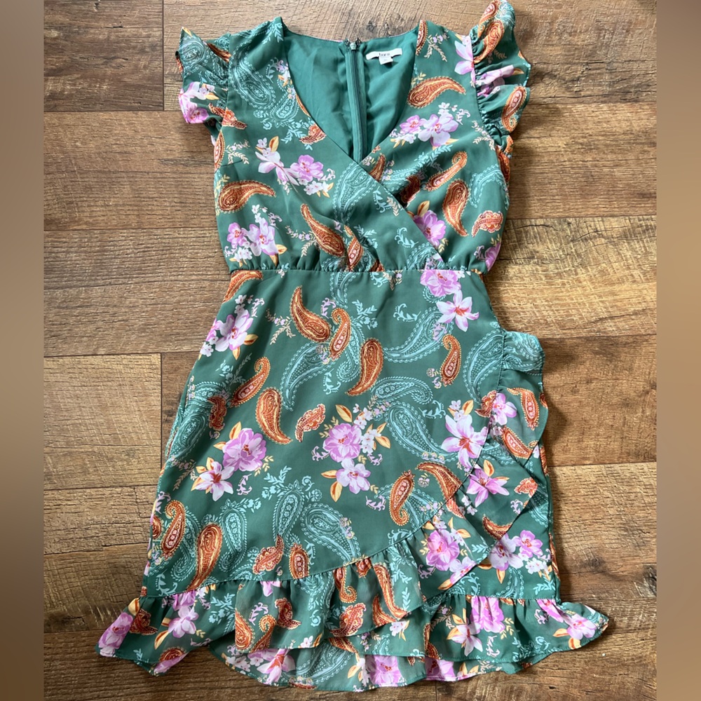 Bar III Green Paisley Floral Wrap Mini Dress
